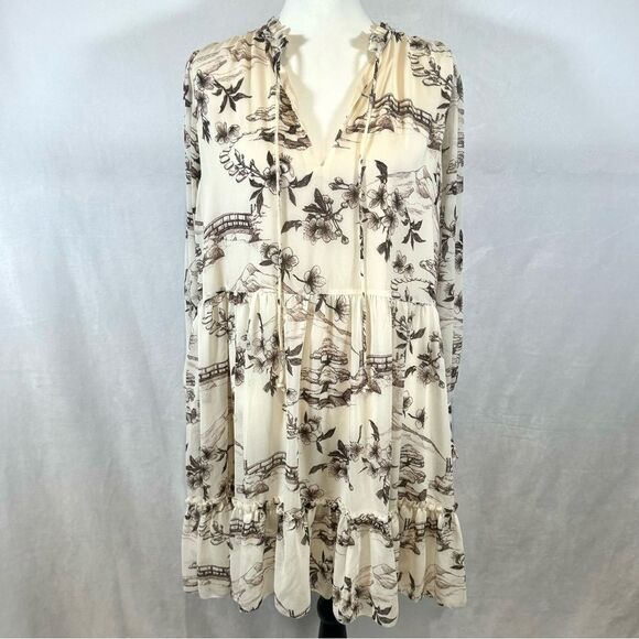 H&M long sleeve ivory and brown scenic blossom print dress size medium - Picture 2 of 7